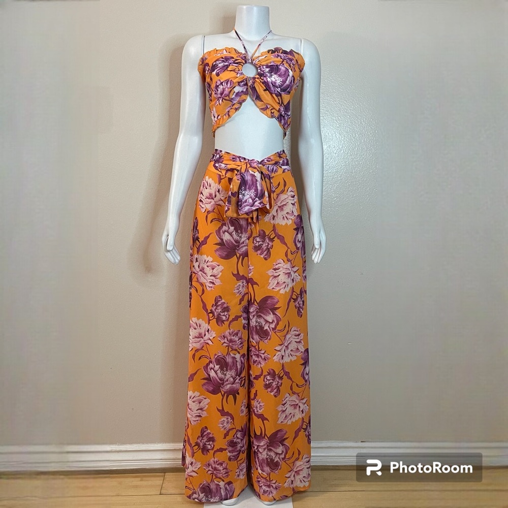 Orange purple floral print bandeau ruffle trims top and high waisted pants set